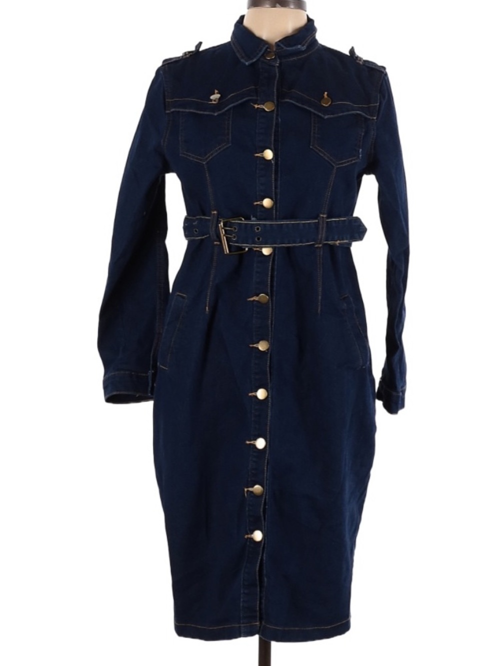 Belted Long-Sleeve Dark Blue Denim Dress